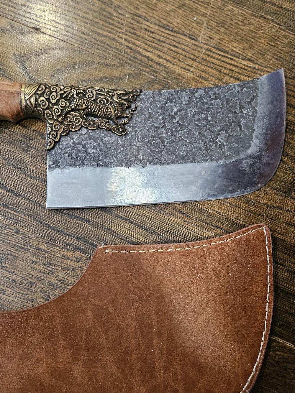 Handcrafted Damascus Carbon Steel Dragon Cleaver with Brown Leather Sheath
